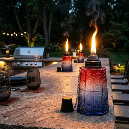 Citronella Table Top Torches for Outdoor Patio, 16oz Decorative Glass Torch Citronella Candles for Outside Deck, Garden, Parties, Set of 3, Red/White/Blue - Red/White/Blue - PT07