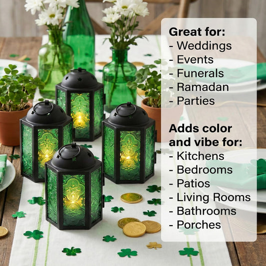 Mini Moroccan Tea Light Candle Holder Lanterns – 4.25" Small Decorative Lantern for Table or Hanging, Metal with Glass Panels – Ramadan, Wedding, Home Decor, Em - Emerald Green 4 - PT01