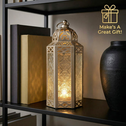 Black Metal Decorative Moroccan Lantern Candle Holder Lamp - Indoor/Outdoor, Home Decor, Patio, Weddings, Christmas - White Gold Medium - PT03