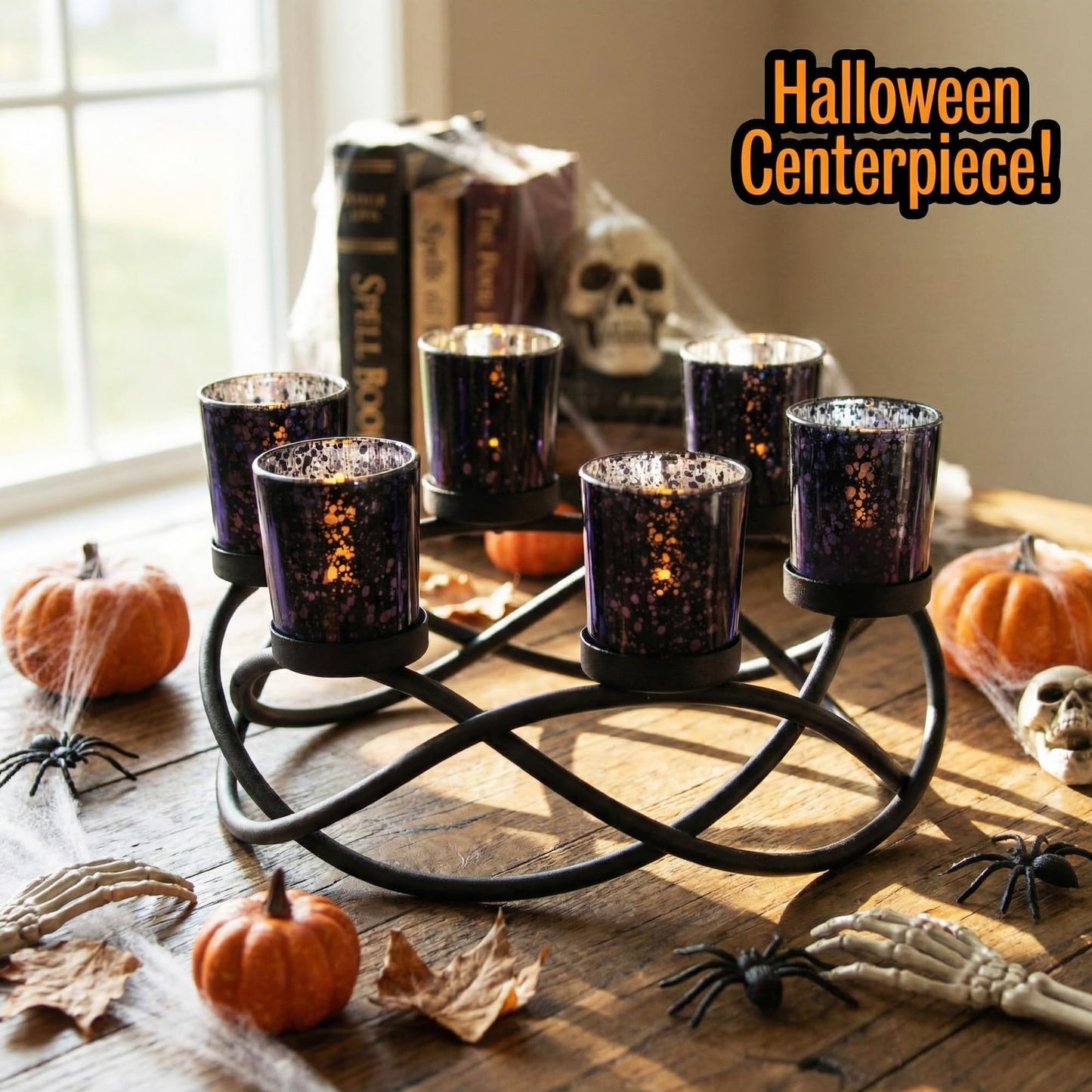 Halloween Candle Holder Centerpiece Decoration – Black Metal Iron 6-Cup Votive Tealight Holder for Spooky Table Gothic Decor, Kitchen & Dining Room, Coffee Tabl - Black 6-Cup - PT01