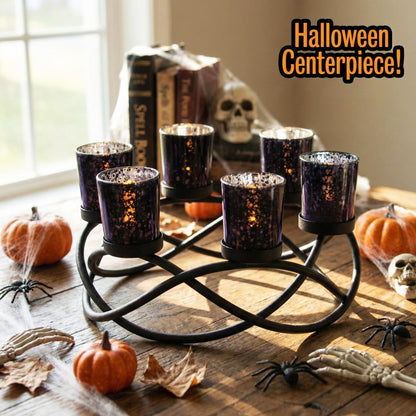 Halloween Candle Holder Centerpiece Decoration – Black Metal Iron 6-Cup Votive Tealight Holder for Spooky Table Gothic Decor, Kitchen & Dining Room, Coffee Tabl - Black 6-Cup - PT01