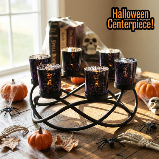Halloween Candle Holder Centerpiece Decoration – Black Metal Iron 6-Cup Votive Tealight Holder for Spooky Table Gothic Decor, Kitchen & Dining Room, Coffee Tabl - Black 6-Cup - PT01