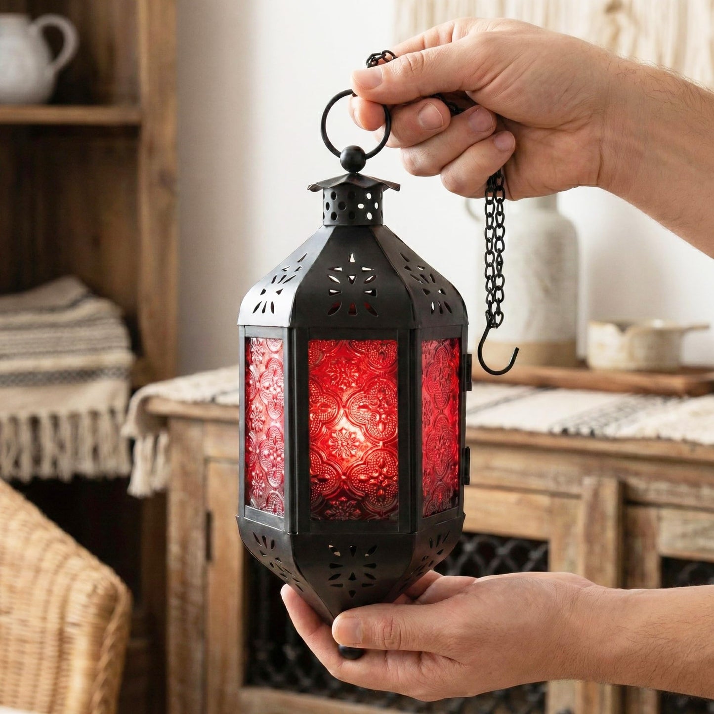 Hanging Moroccan Decorative Candle Lantern Holders for Outdoor Décor - Ruby Red Hanging - PT03