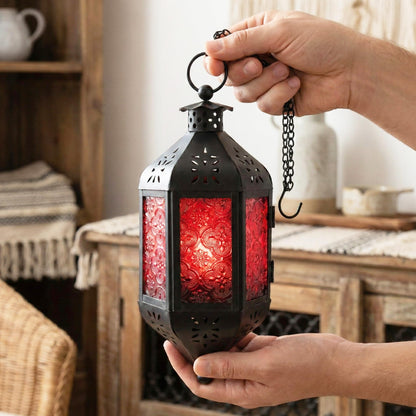 Hanging Moroccan Decorative Candle Lantern Holders for Outdoor Décor - Ruby Red Hanging - PT03