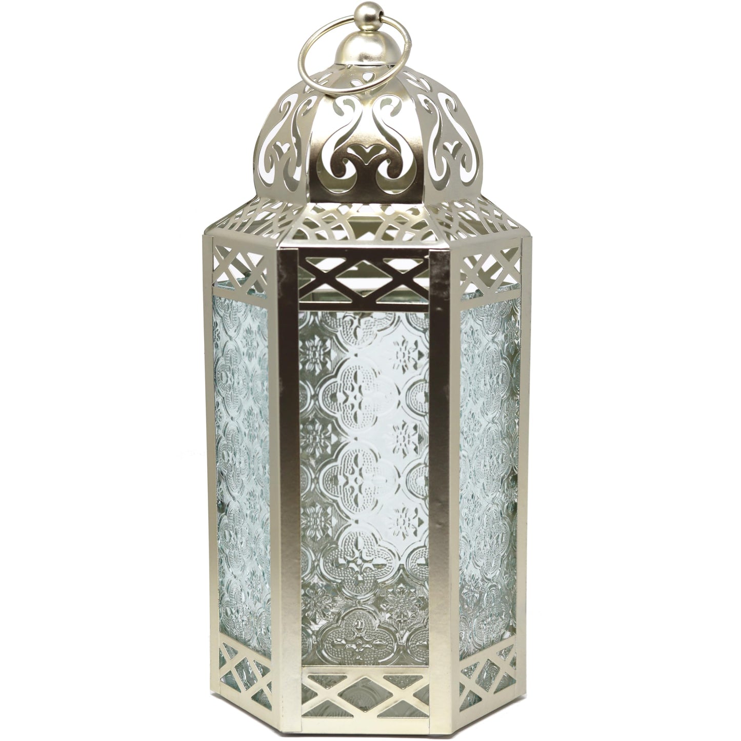 Black Metal Decorative Moroccan Lantern Candle Holder Lamp - Indoor/Outdoor, Home Decor, Patio, Weddings, Christmas - White Gold Large - MAIN