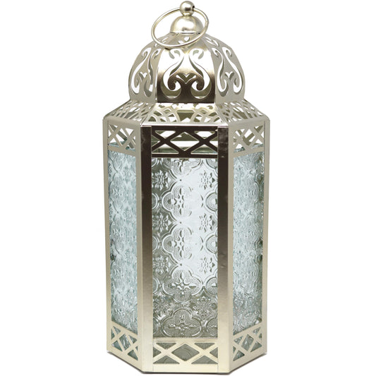 Black Metal Decorative Moroccan Lantern Candle Holder Lamp - Indoor/Outdoor, Home Decor, Patio, Weddings, Christmas - White Gold Large - MAIN