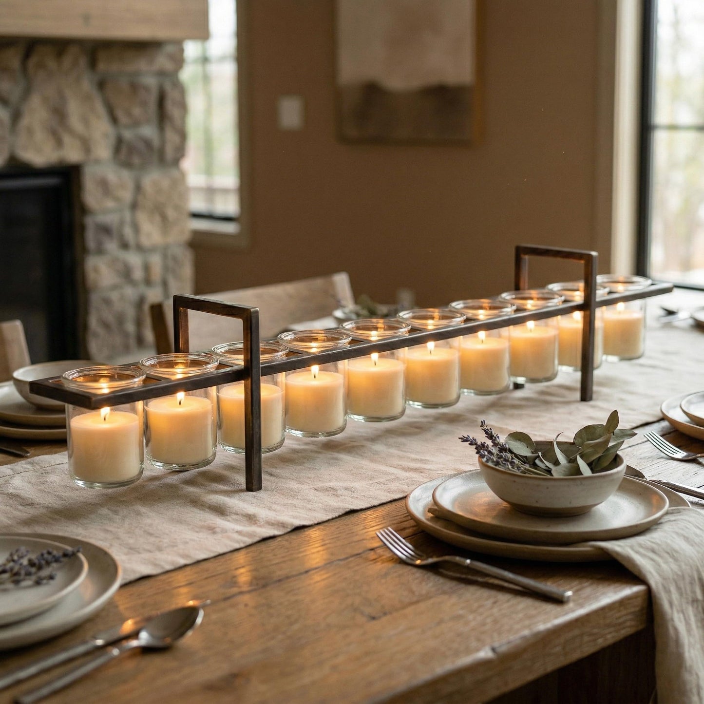 10-Cup Rustic Modern Floating Candle Holder Table Centerpiece Decoration for Dining Room, Kitchen, Patio, Weddings, Metal Iron with Glass Cups, 33" Extra Long - Black With Gold Brush 10-Cup - PT07