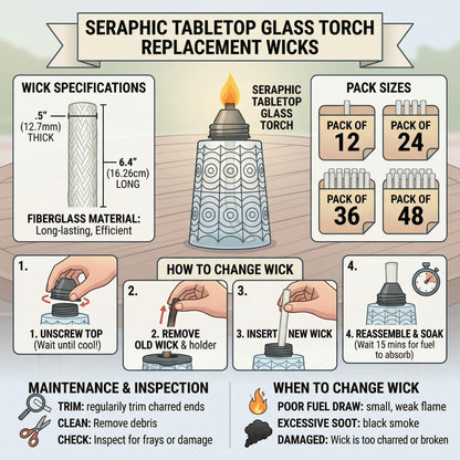 6 inch Fiberglass Replacment Wicks for Outside Glass Torches - Citronella Oil Lamp Burner 16oz Table Top Torch for Patio, Garden, Deck, and Outdoor Parties, Set - Pack of 12 - PT03