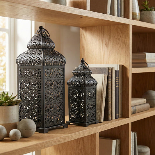 Large Temple Moroccan Lantern Lamp Decorative Candle Holders for Ramadan Decorations, Hanging, Outdoor Patio or Porch, Indoor Home Decor, Weddings, Black, Set o - Black 11" and 15" - PT01