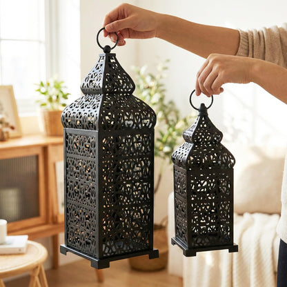 Large Temple Moroccan Lantern Lamp Decorative Candle Holders for Ramadan Decorations, Hanging, Outdoor Patio or Porch, Indoor Home Decor, Weddings, Black, Set o - Black 11" and 15" - PT05