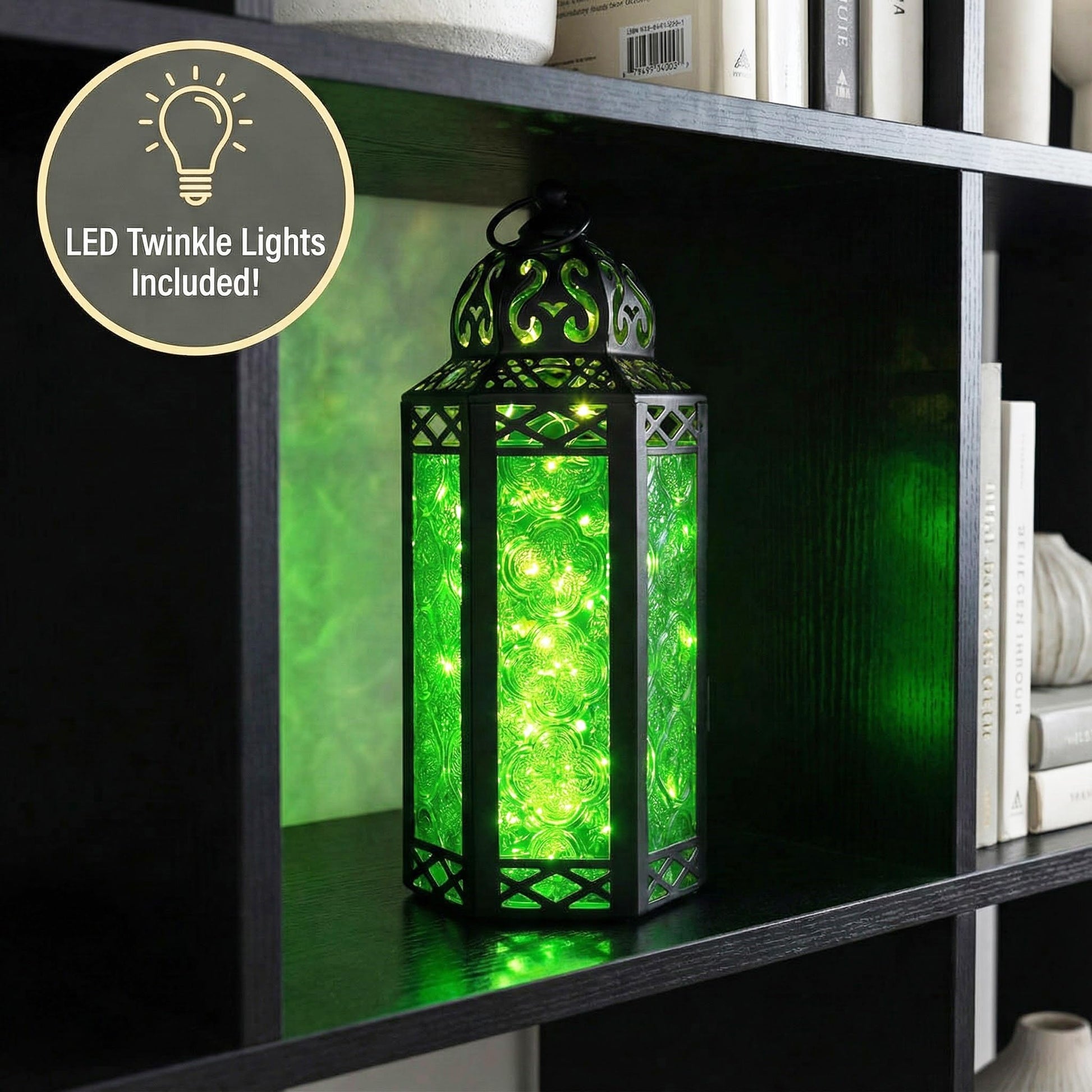 Metal Moroccan Decorative LED Fairy Lights Candle Lantern Holders for Indoor Home Fantasy Decor, Table Centerpieces, Outdoor Patio or Porch, Weddings, Medium - Green Medium - PT01