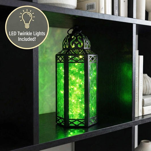 Metal Moroccan Decorative LED Fairy Lights Candle Lantern Holders for Indoor Home Fantasy Decor, Table Centerpieces, Outdoor Patio or Porch, Weddings, Medium - Green Medium - PT01