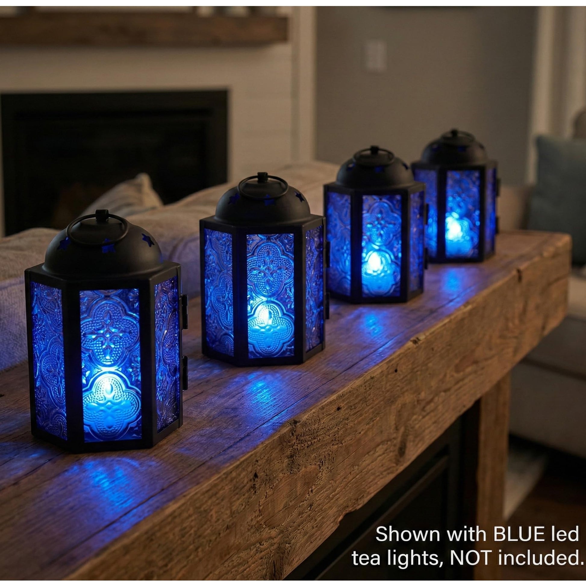 Mini Moroccan Tea Light Candle Holder Lanterns – 4.25" Small Decorative Lantern for Table or Hanging, Metal with Glass Panels – Ramadan, Wedding, Home Decor, Co - Cobalt Blue 4 - PT02