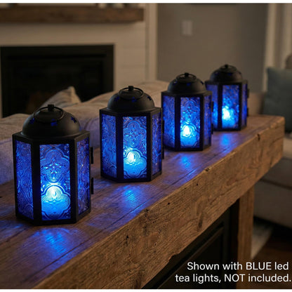 Mini Moroccan Tea Light Candle Holder Lanterns – 4.25" Small Decorative Lantern for Table or Hanging, Metal with Glass Panels – Ramadan, Wedding, Home Decor, Co - Cobalt Blue 4 - PT02