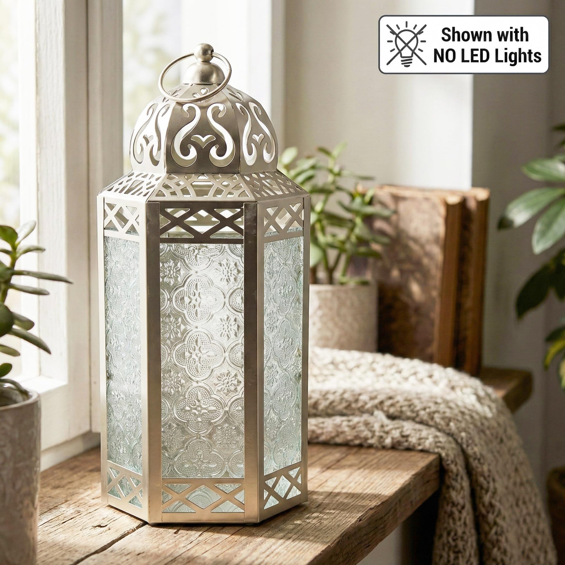 Metal Moroccan Decorative LED Fairy Lights Candle Lantern Holders for Indoor Home Fantasy Decor, Table Centerpieces, Outdoor Patio or Porch, Weddings, Medium - White Gold Large - PT07