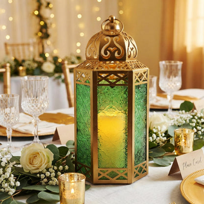 Gold Metal Decorative Moroccan Lantern Candle Holder Lamp - Indoor/Outdoor, Home Decor, Patio, Weddings, Christmas - Gold/Green Large - PT08