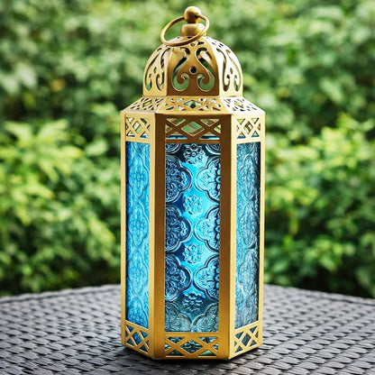 Gold Metal Decorative Moroccan Lantern Candle Holder Lamp - Indoor/Outdoor, Home Decor, Patio, Weddings, Christmas - Gold/Blue Medium - MAIN