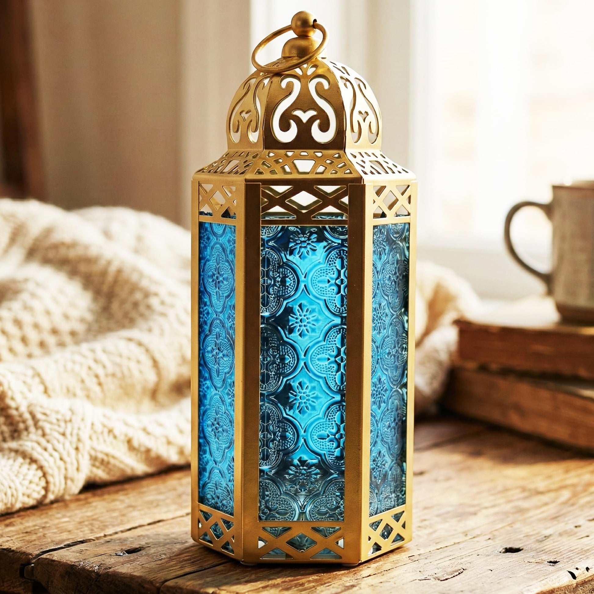Gold Metal Decorative Moroccan Lantern Candle Holder Lamp - Indoor/Outdoor, Home Decor, Patio, Weddings, Christmas - Gold/Blue Medium - PT07