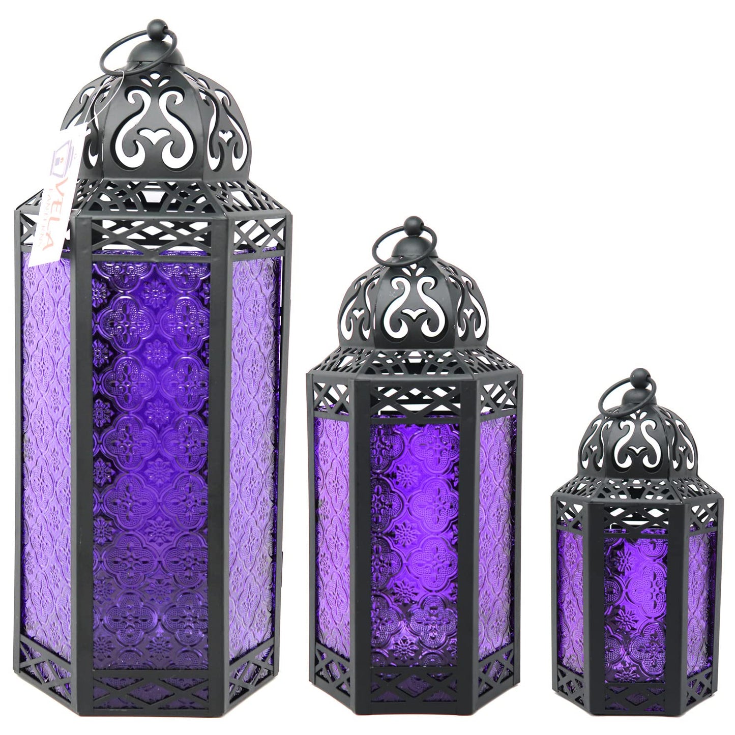Set of 3 Purple Glass & Black Metal Moroccan Candle Lantern Holders (XL, Large, Small) - Decorative Indoor/Outdoor Decor for Patio, Floor, Weddings & Ramadan - Purple XL-LAR-SM - PT01