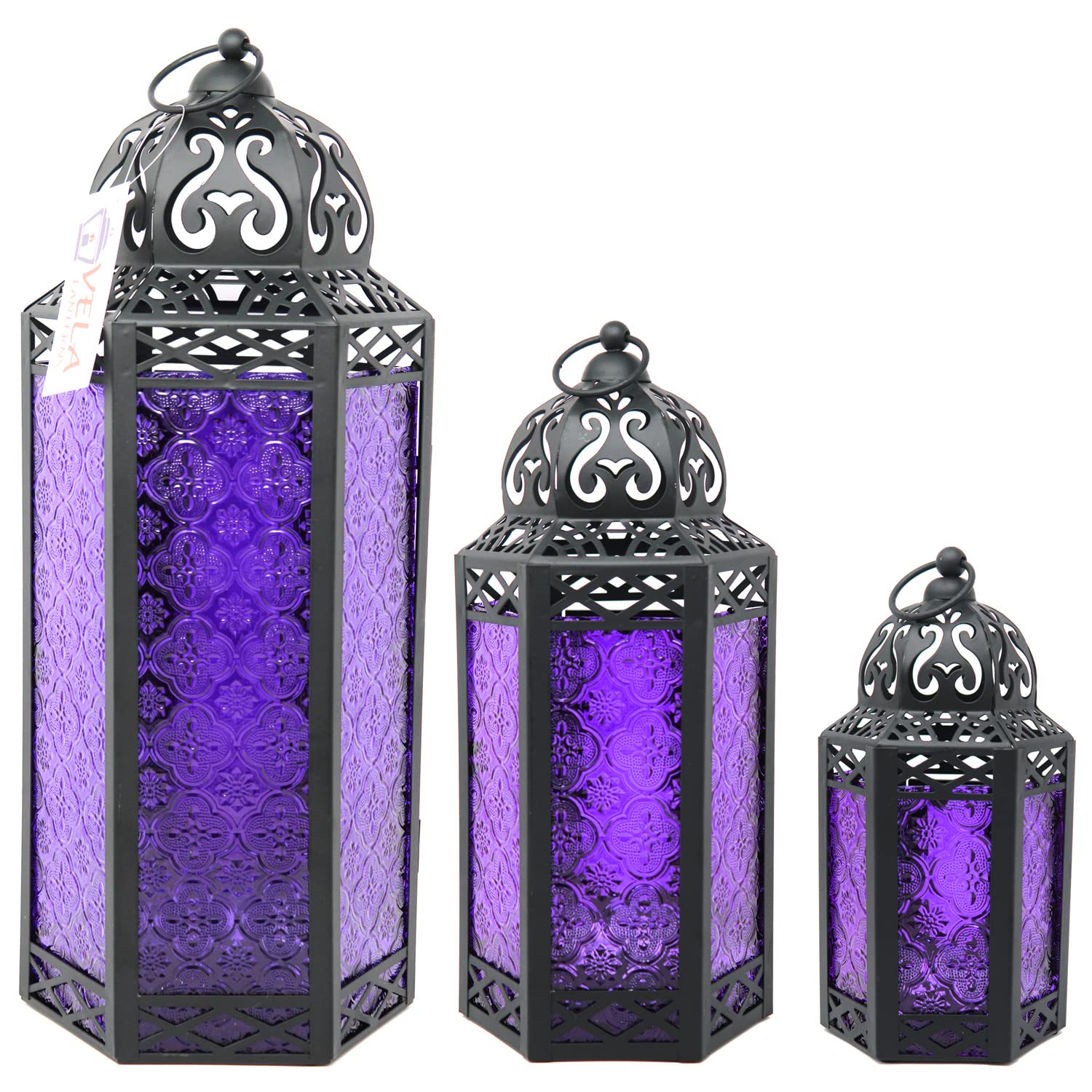 Set of 3 Purple Glass & Black Metal Moroccan Candle Lantern Holders (XL, Large, Small) - Decorative Indoor/Outdoor Decor for Patio, Floor, Weddings & Ramadan - Purple XL-LAR-SM - PT01