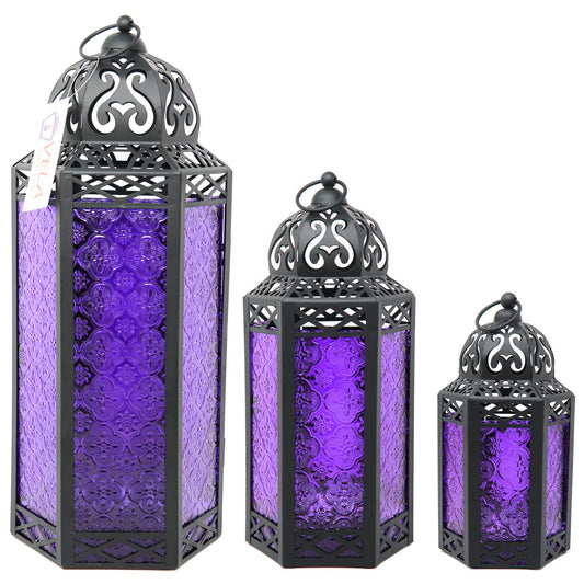 Set of 3 Purple Glass & Black Metal Moroccan Candle Lantern Holders (XL, Large, Small) - Decorative Indoor/Outdoor Decor for Patio, Floor, Weddings & Ramadan - Purple XL-LAR-SM - PT01