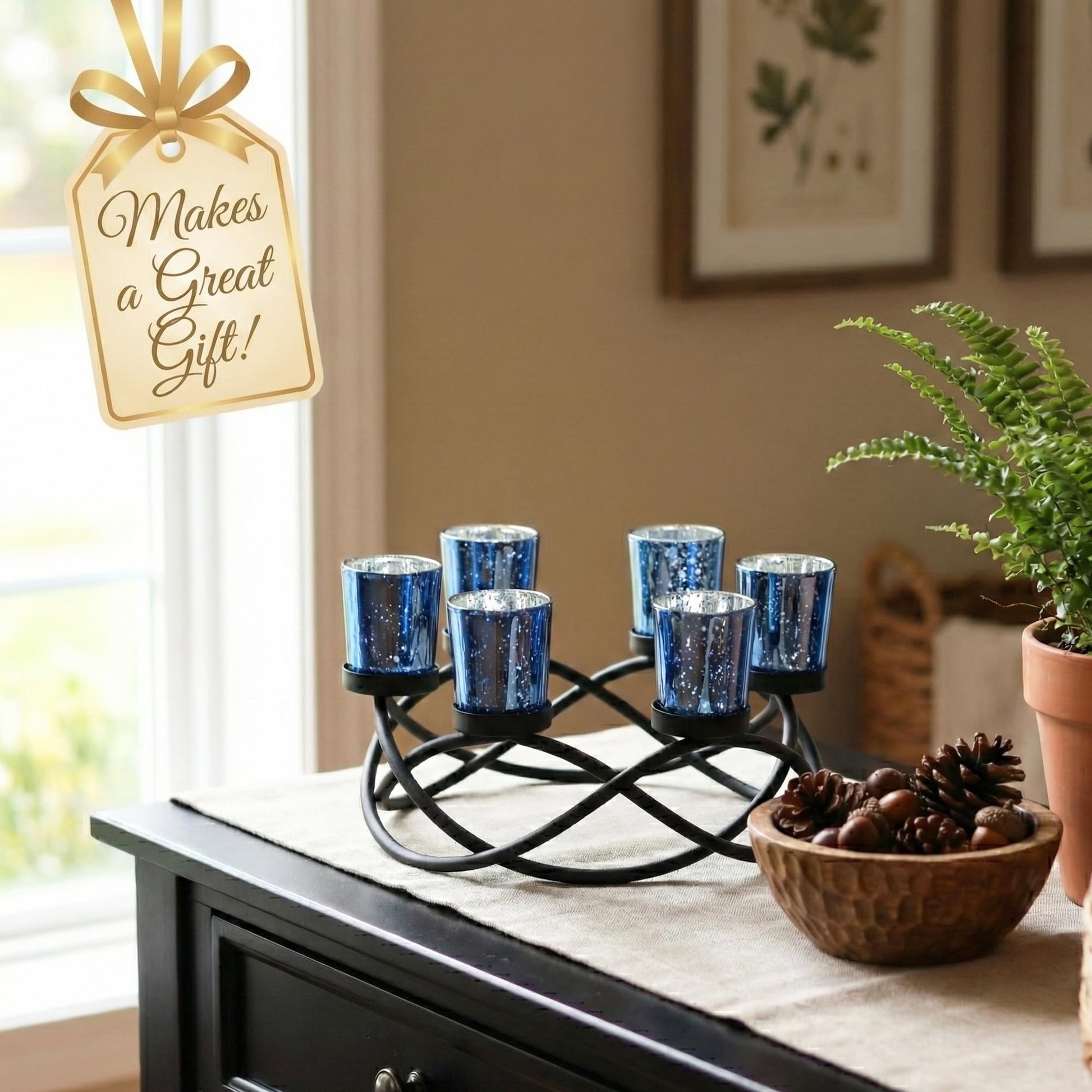 Iron Round Table Decor Centerpiece Decorations Candle Holder for Weddings, Outdoor Patio, Kitchen, Dining Room, and Coffee Tables, Glass Votive Tealight Holders - Black/Blue circular - PT02