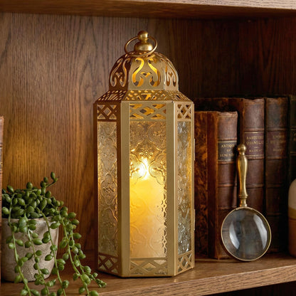 Gold Metal Decorative Moroccan Lantern Candle Holder Lamp - Indoor/Outdoor, Home Decor, Patio, Weddings, Christmas - Gold Medium - PT03