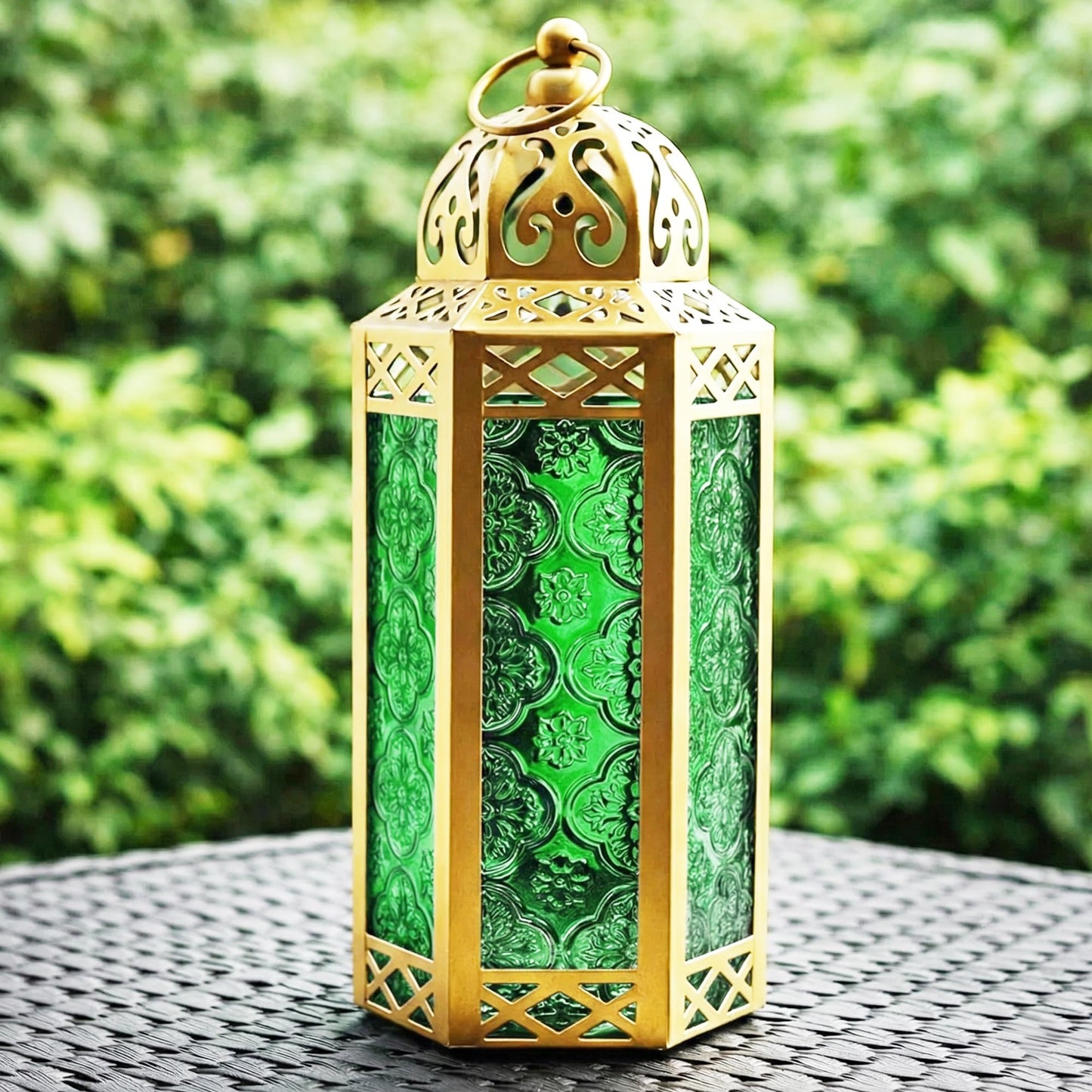 Gold Metal Decorative Moroccan Lantern Candle Holder Lamp - Indoor/Outdoor, Home Decor, Patio, Weddings, Christmas - Gold/Green Medium - PT06