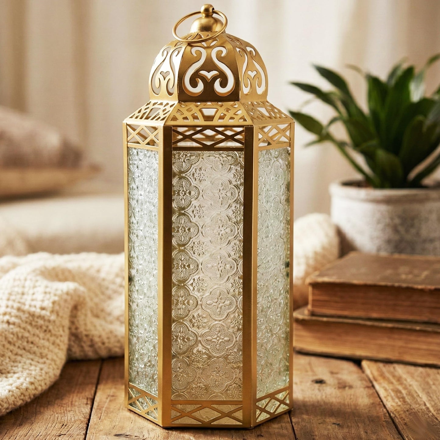 Gold Metal Decorative Moroccan Lantern Candle Holder Lamp - Indoor/Outdoor, Home Decor, Patio, Weddings, Christmas - Gold Extra Large - MAIN