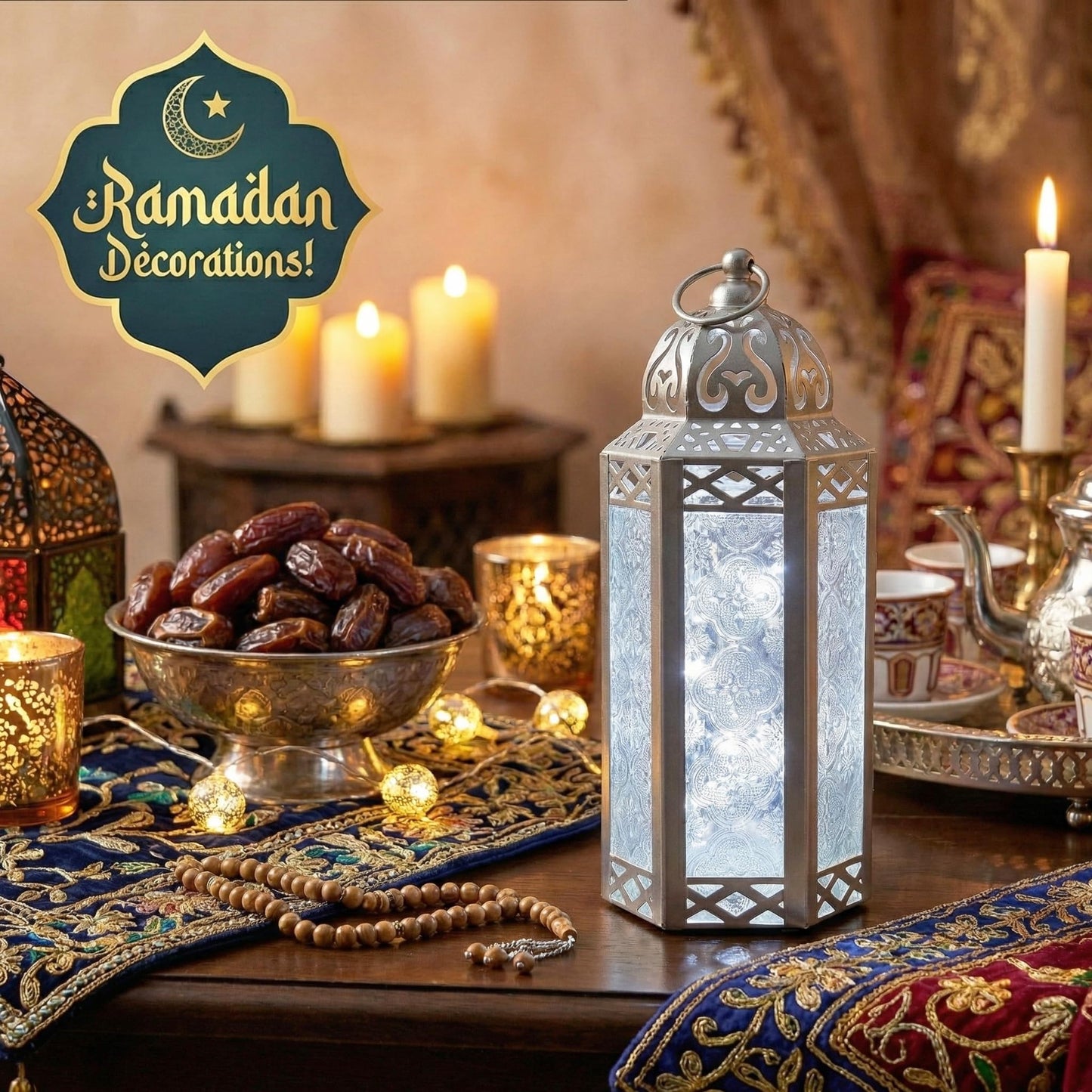 Metal Moroccan Decorative LED Fairy Lights Candle Lantern Holders for Indoor Home Fantasy Decor, Table Centerpieces, Outdoor Patio or Porch, Weddings, Medium - White Gold Medium - PT06