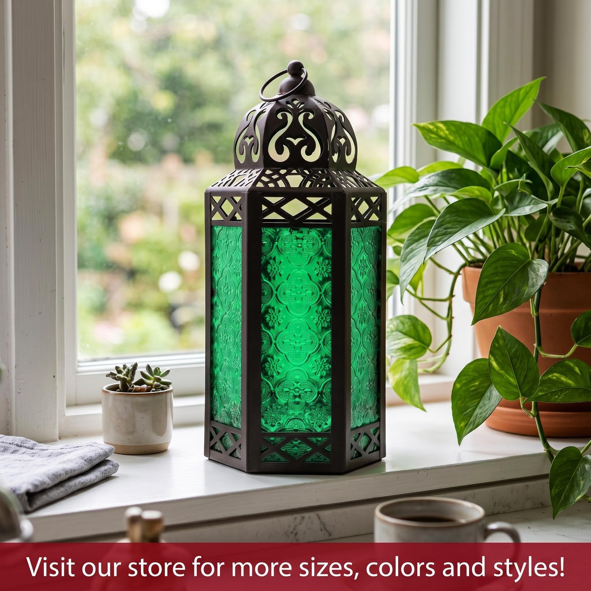 Black Metal Decorative Moroccan Lantern Candle Holder Lamp - Indoor/Outdoor, Home Decor, Patio, Weddings, Christmas - Green Large - PT06