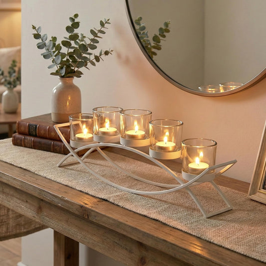Iron Arch Table Centerpiece Decorations Long Candle Holder for Weddings, Patio, Kitchen, Dining Room, and Coffee Tables, White, Clear Chunky 5 Cups - White 5 Cup - PT01
