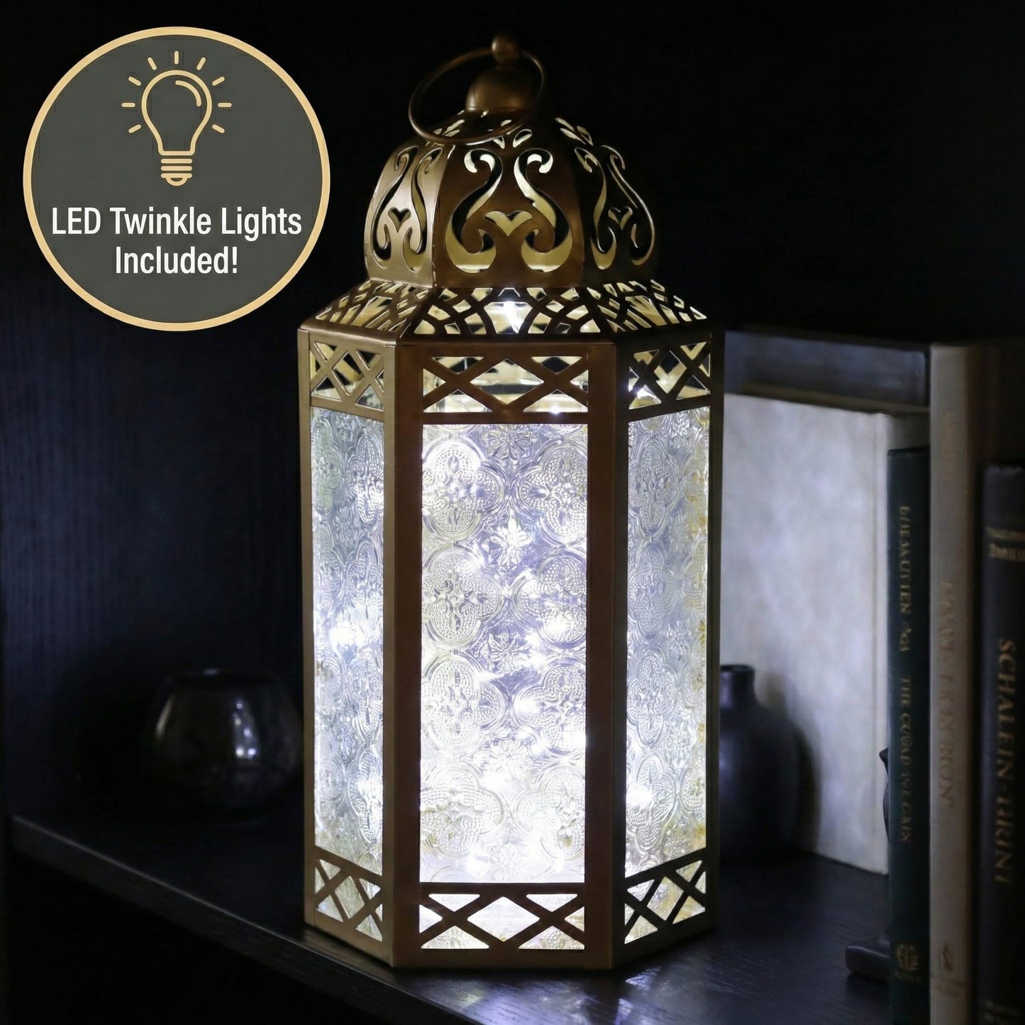 12” Gold Metal Moroccan Decorative Candle Lantern with White LED Twinkle Fairy Lights & Remote – Wedding Table Centerpieces, Ramadan, Indoor Home Decor, Outdoor - Gold Large - PT07