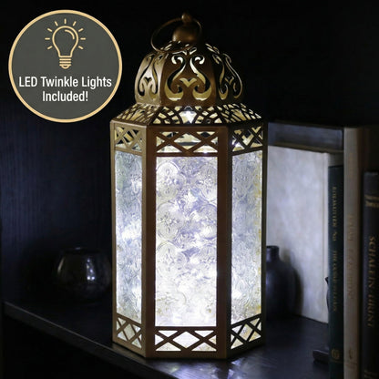 12” Gold Metal Moroccan Decorative Candle Lantern with White LED Twinkle Fairy Lights & Remote – Wedding Table Centerpieces, Ramadan, Indoor Home Decor, Outdoor - Gold Large - PT07