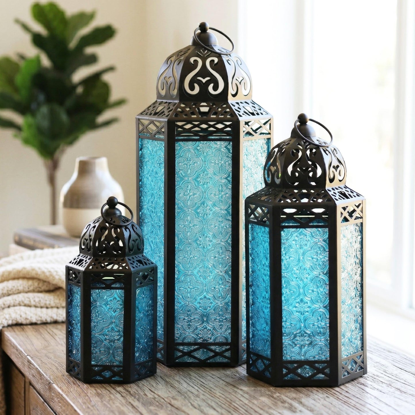 Set of 3 Blue Glass & Black Metal Moroccan Candle Lantern Holders (XL, Large, Small) - Decorative Indoor/Outdoor Decor for Patio, Floor, Weddings & Ramadan - Blue XL-LAR-SM - PT05