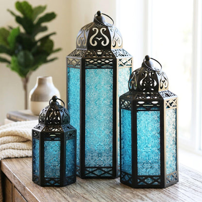 Set of 3 Blue Glass & Black Metal Moroccan Candle Lantern Holders (XL, Large, Small) - Decorative Indoor/Outdoor Decor for Patio, Floor, Weddings & Ramadan - Blue XL-LAR-SM - PT05