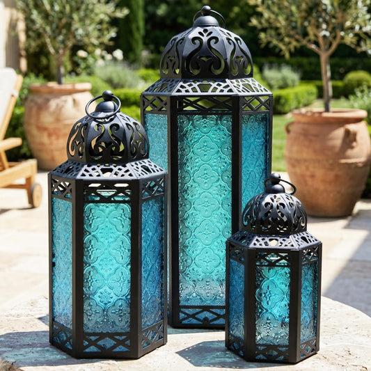 Set of 3 Blue Glass & Black Metal Moroccan Candle Lantern Holders (XL, Large, Small) - Decorative Indoor/Outdoor Decor for Patio, Floor, Weddings & Ramadan - Blue XL-LAR-SM - MAIN