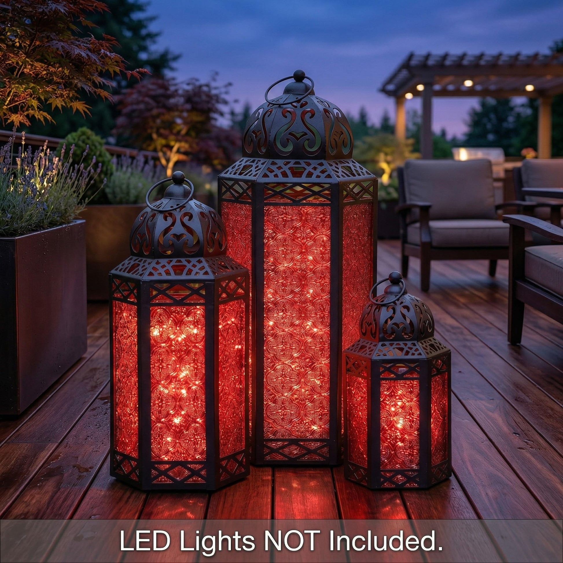 Set of 3 Red Glass & Black Metal Moroccan Candle Lantern Holders (XL, Large, Small) - Decorative Indoor/Outdoor Decor for Patio, Floor, Weddings & Ramadan - Red XL-LAR-SM - PT03