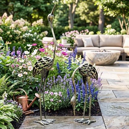 Cast Iron Metal Crane/Heron Bird Garden Sculptures Statues for Indoor or Outdoor Lawn Decor, Rustic Bronze, Set of 2 - Rustic Bronze Garden Crane Set of 2 - PT04