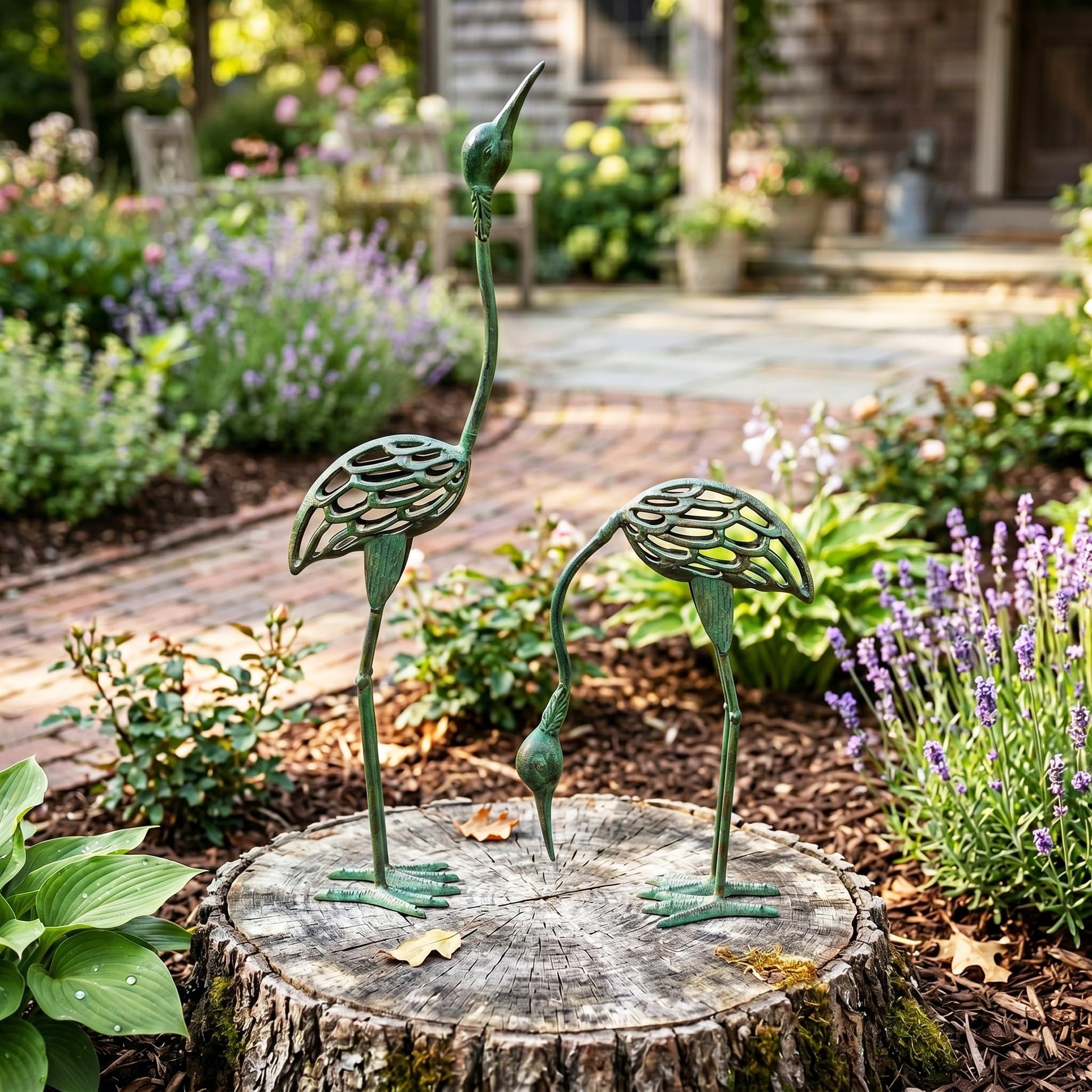 Cast Iron Metal Crane/Heron Bird Garden Art Sculptures Statues for Indoor or Outdoor Lawn Decor, Antique Green, Set of 2 - Antique Green Garden Crane Set of 2 - PT05