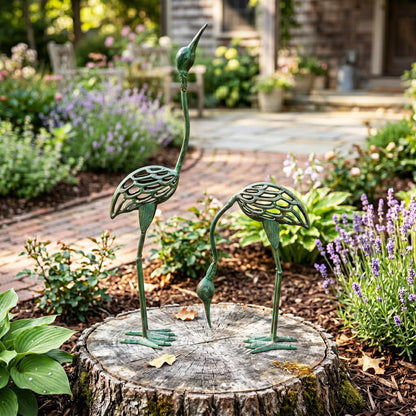 Cast Iron Metal Crane/Heron Bird Garden Art Sculptures Statues for Indoor or Outdoor Lawn Decor, Antique Green, Set of 2 - Antique Green Garden Crane Set of 2 - PT05