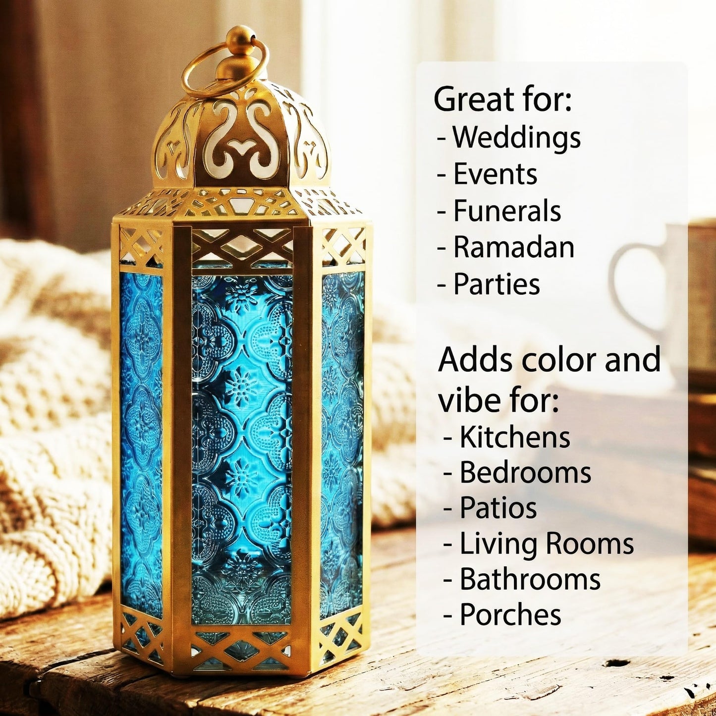 Gold Metal Decorative Moroccan Lantern Candle Holder Lamp - Indoor/Outdoor, Home Decor, Patio, Weddings, Christmas - Gold/Blue Medium - PT04