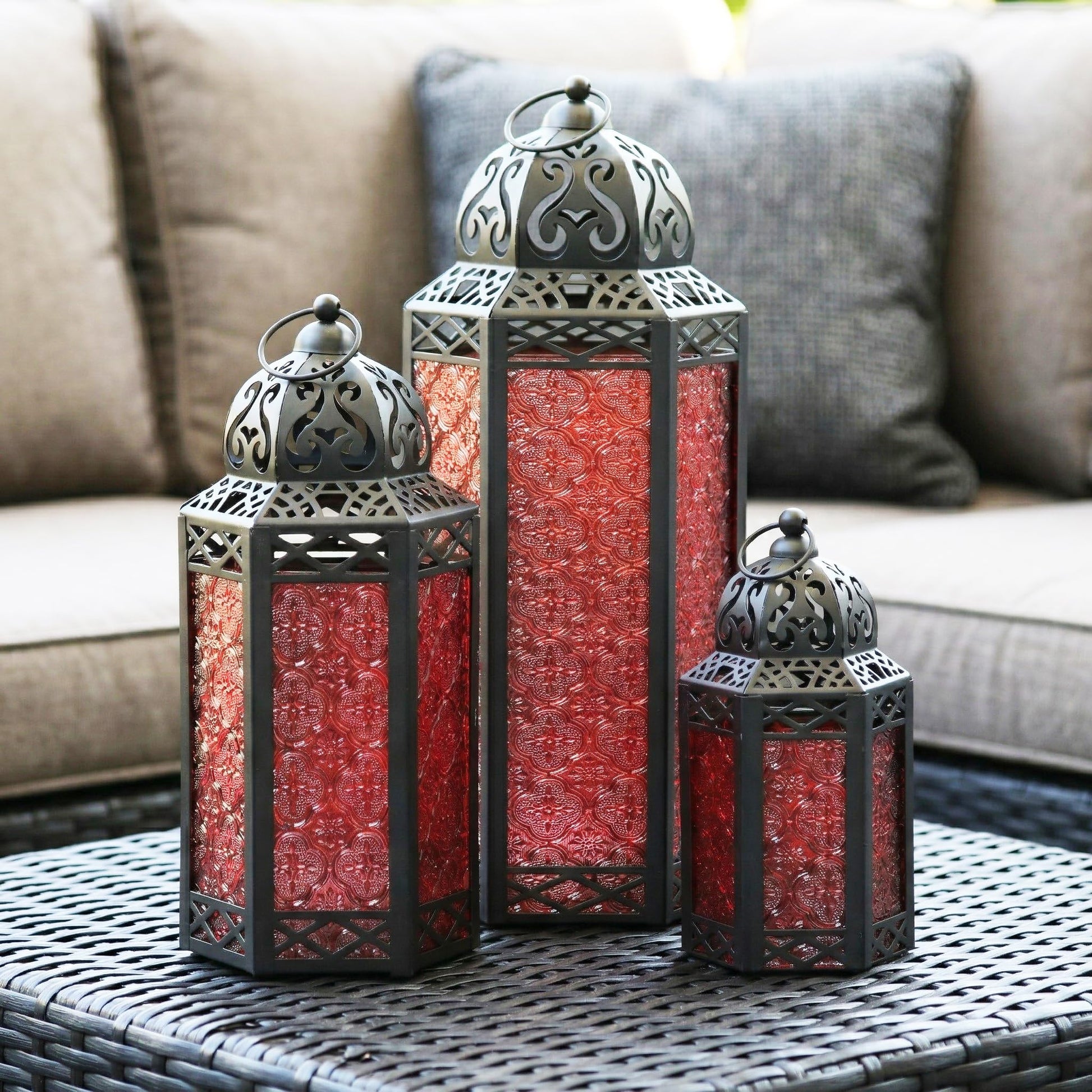 Set of 3 Red Glass & Black Metal Moroccan Candle Lantern Holders (XL, Large, Small) - Decorative Indoor/Outdoor Decor for Patio, Floor, Weddings & Ramadan - Red XL-LAR-SM - PT02