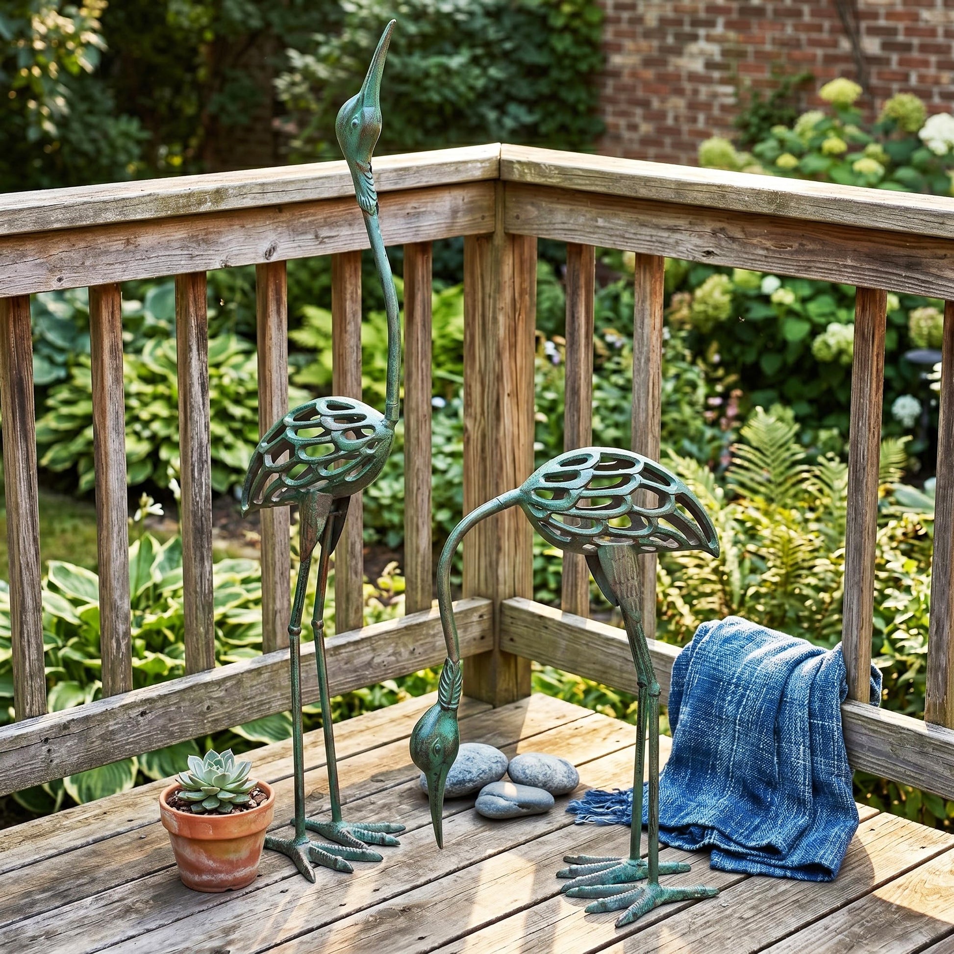Cast Iron Metal Crane/Heron Bird Garden Art Sculptures Statues for Indoor or Outdoor Lawn Decor, Antique Green, Set of 2 - Antique Green Garden Crane Set of 2 - PT06