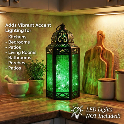 Black Metal Decorative Moroccan Lantern Candle Holder Lamp - Indoor/Outdoor, Home Decor, Patio, Weddings, Christmas - Green Large - PT07