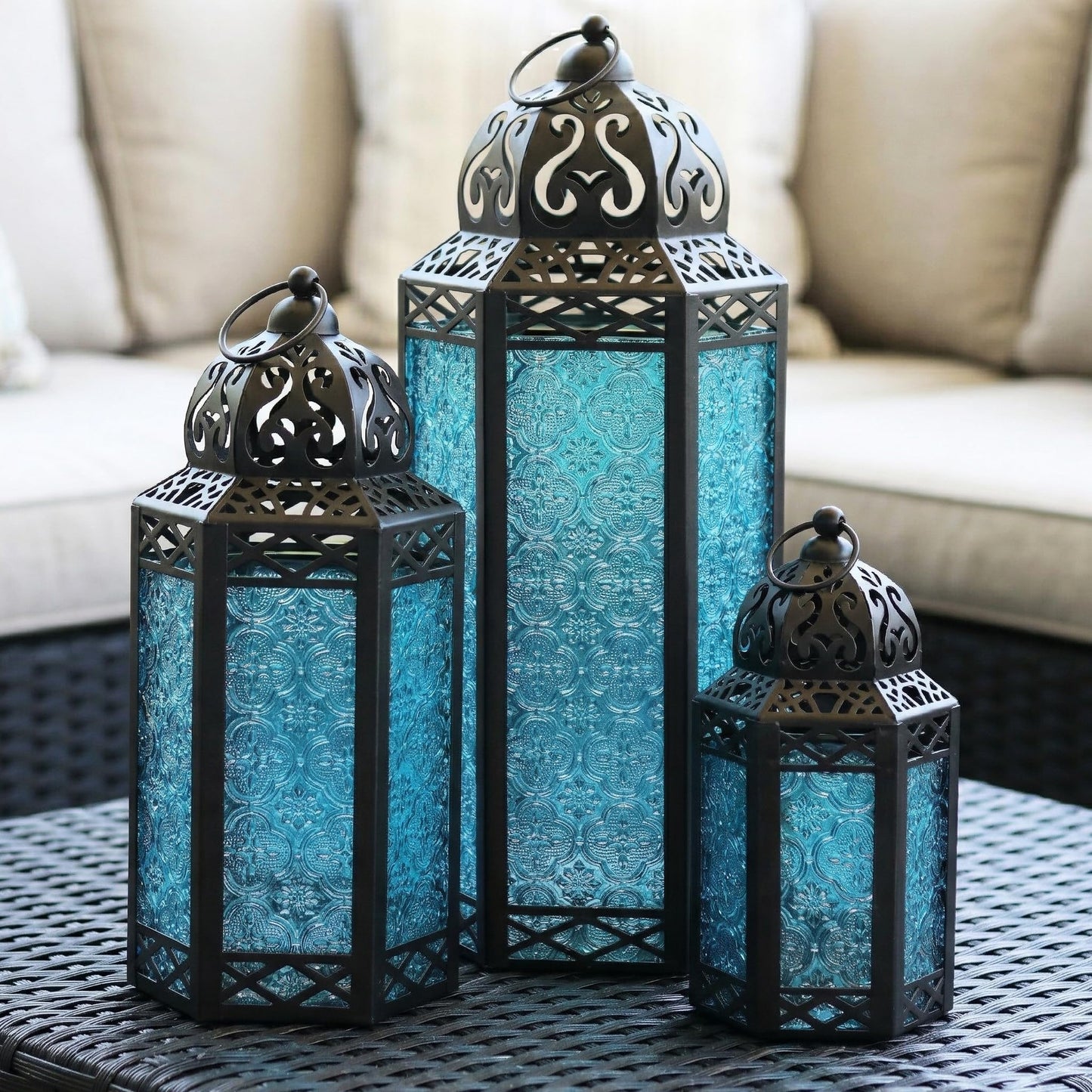 Set of 3 Blue Glass & Black Metal Moroccan Candle Lantern Holders (XL, Large, Small) - Decorative Indoor/Outdoor Decor for Patio, Floor, Weddings & Ramadan - Blue XL-LAR-SM - PT07