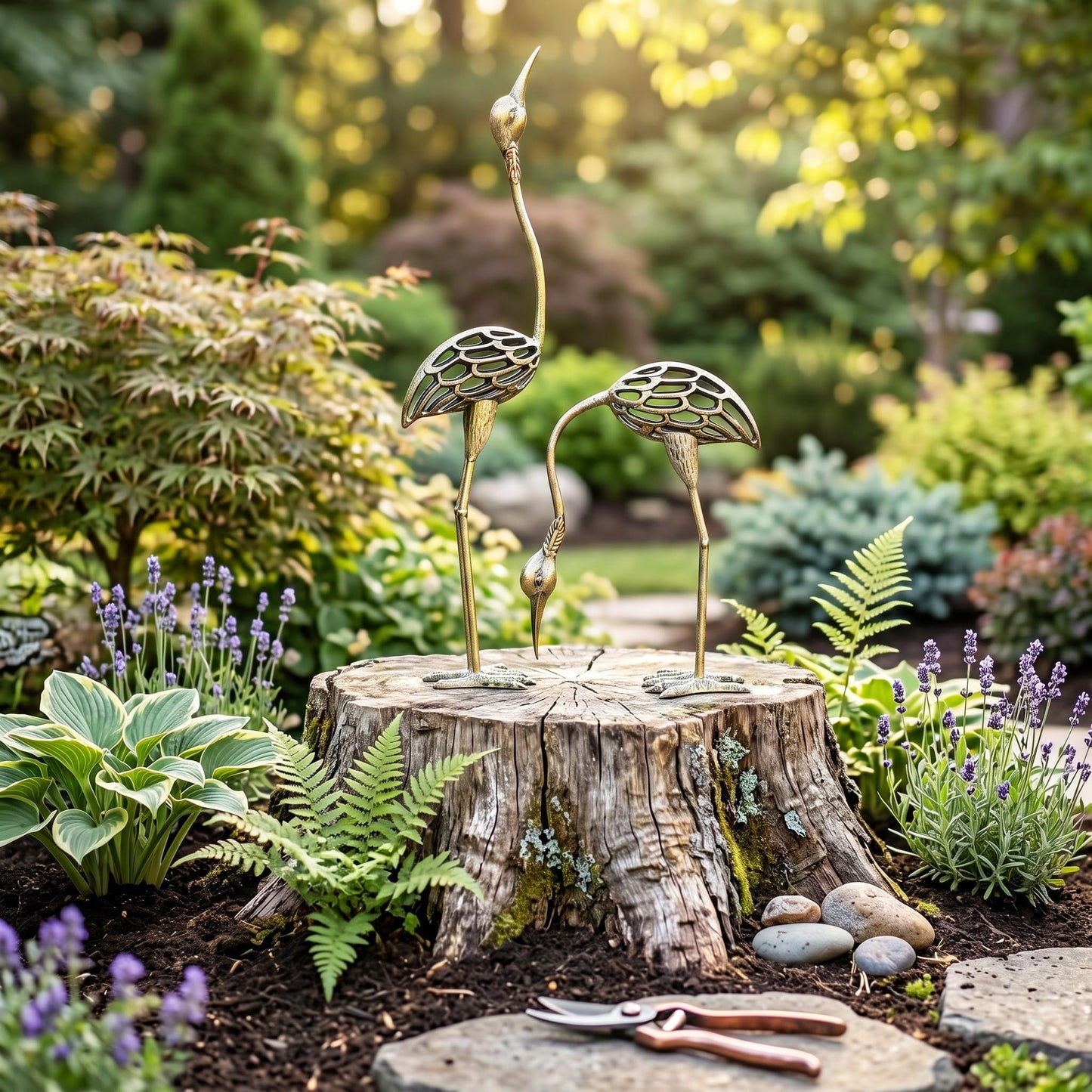 Cast Iron Metal Crane/Heron Bird Garden Sculptures Statues for Indoor or Outdoor Lawn Decor, Rustic Bronze, Set of 2 - Rustic Bronze Garden Crane Set of 2 - PT06
