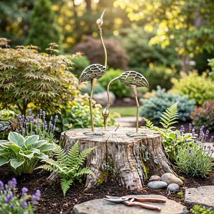 Cast Iron Metal Crane/Heron Bird Garden Sculptures Statues for Indoor or Outdoor Lawn Decor, Rustic Bronze, Set of 2 - Rustic Bronze Garden Crane Set of 2 - PT06