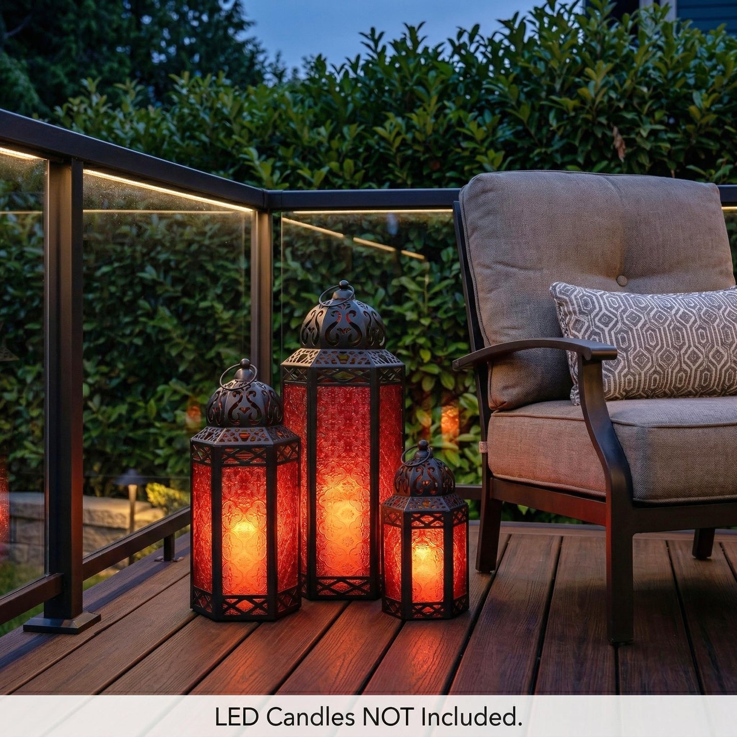 Set of 3 Red Glass & Black Metal Moroccan Candle Lantern Holders (XL, Large, Small) - Decorative Indoor/Outdoor Decor for Patio, Floor, Weddings & Ramadan - Red XL-LAR-SM - PT06