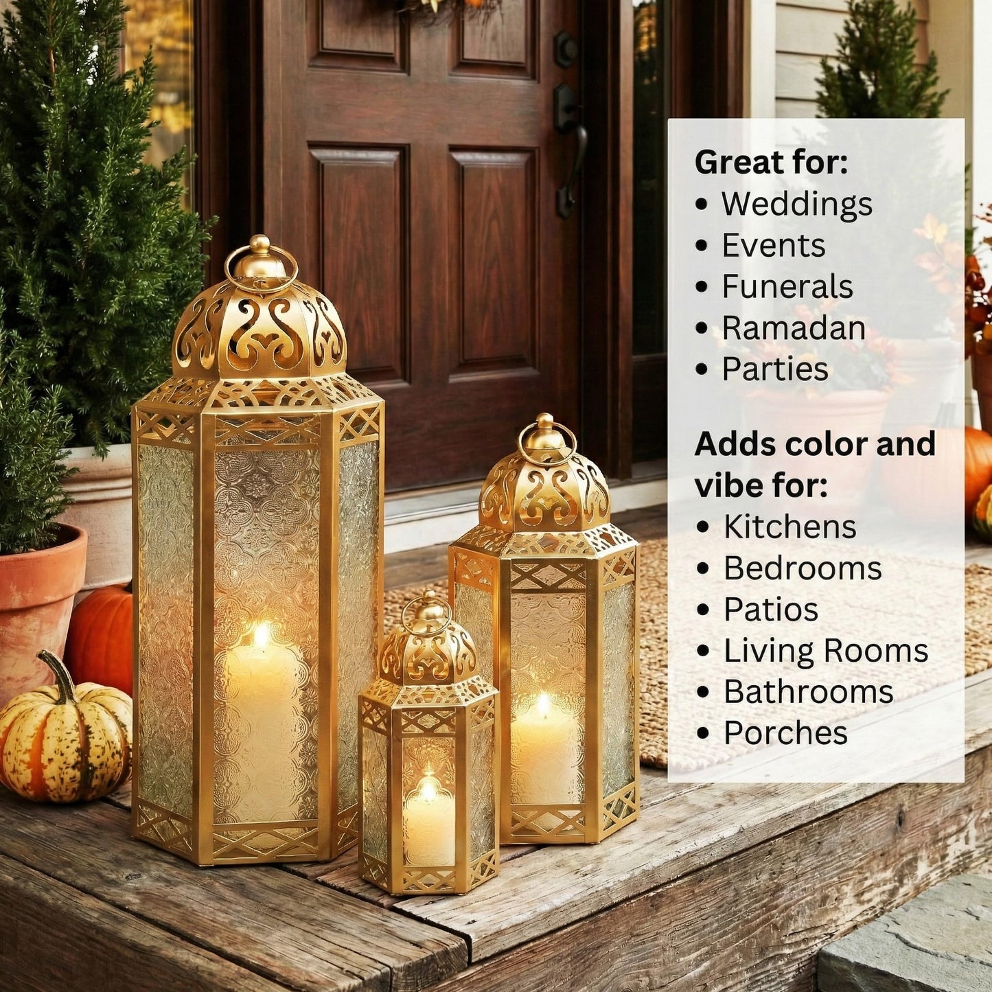 Set of 3 Clear Glass & Gold Metal Moroccan Candle Lantern Holders (XL, Large, Small) - Decorative Indoor/Outdoor Decor for Patio, Floor, Weddings & Ramadan - Gold 3 unidades - PT02